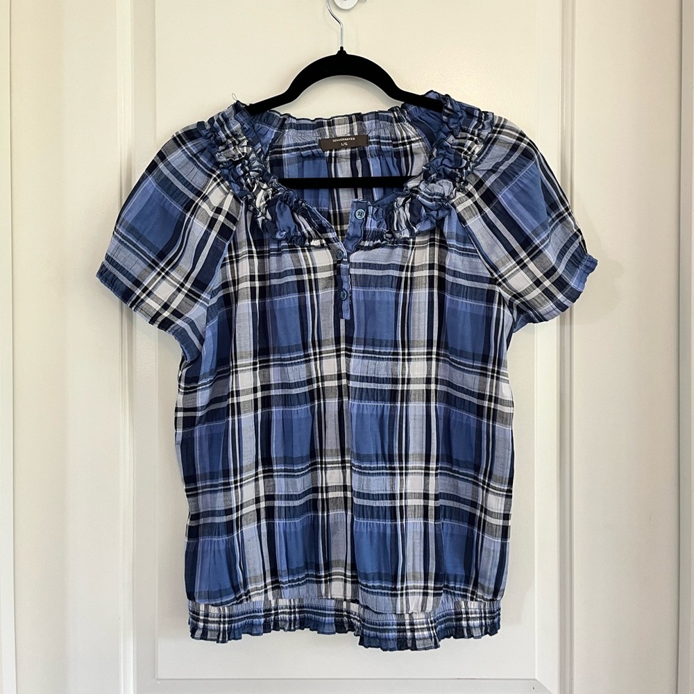 Denver Hayes plaid ruched m blouse size lg